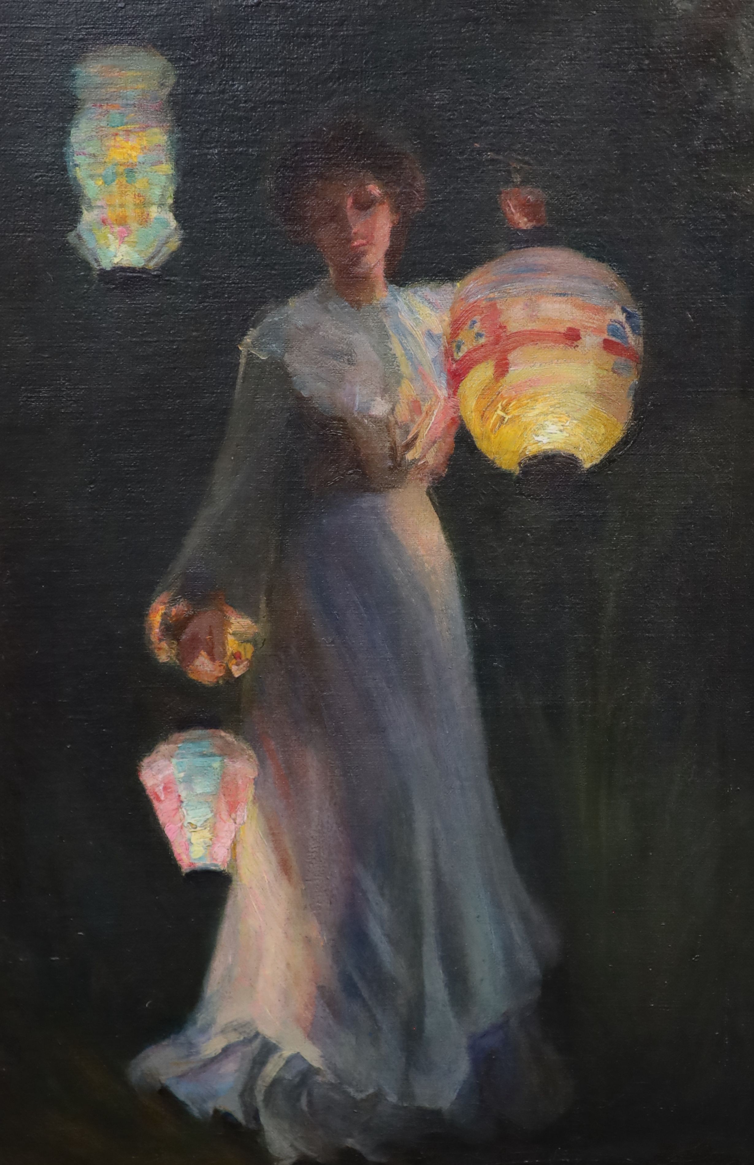 Manner of Thomas Cooper Gotch (1854-1931), Woman holding lanterns, oil on canvas, 44 x 29cm